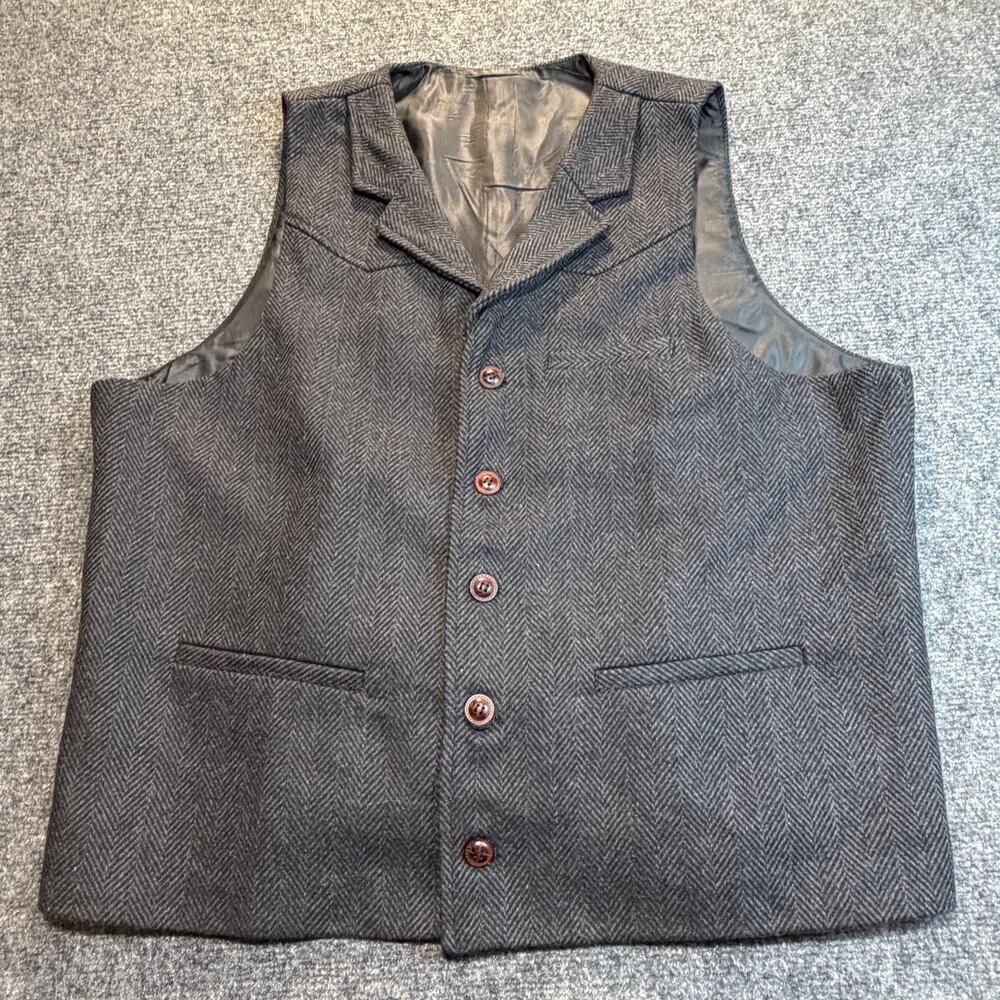 Botvela Mens 2XL Grey Wool Herringbone Tweed Vest Lapel Western Cinch Waistcoat